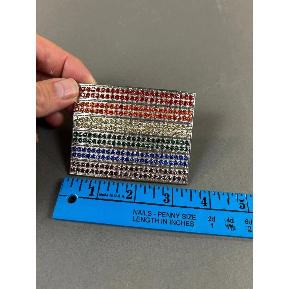 Rainbow Rhinestone Belt Buckle Silver Tone Rectangular Multi Color Crystal Pride